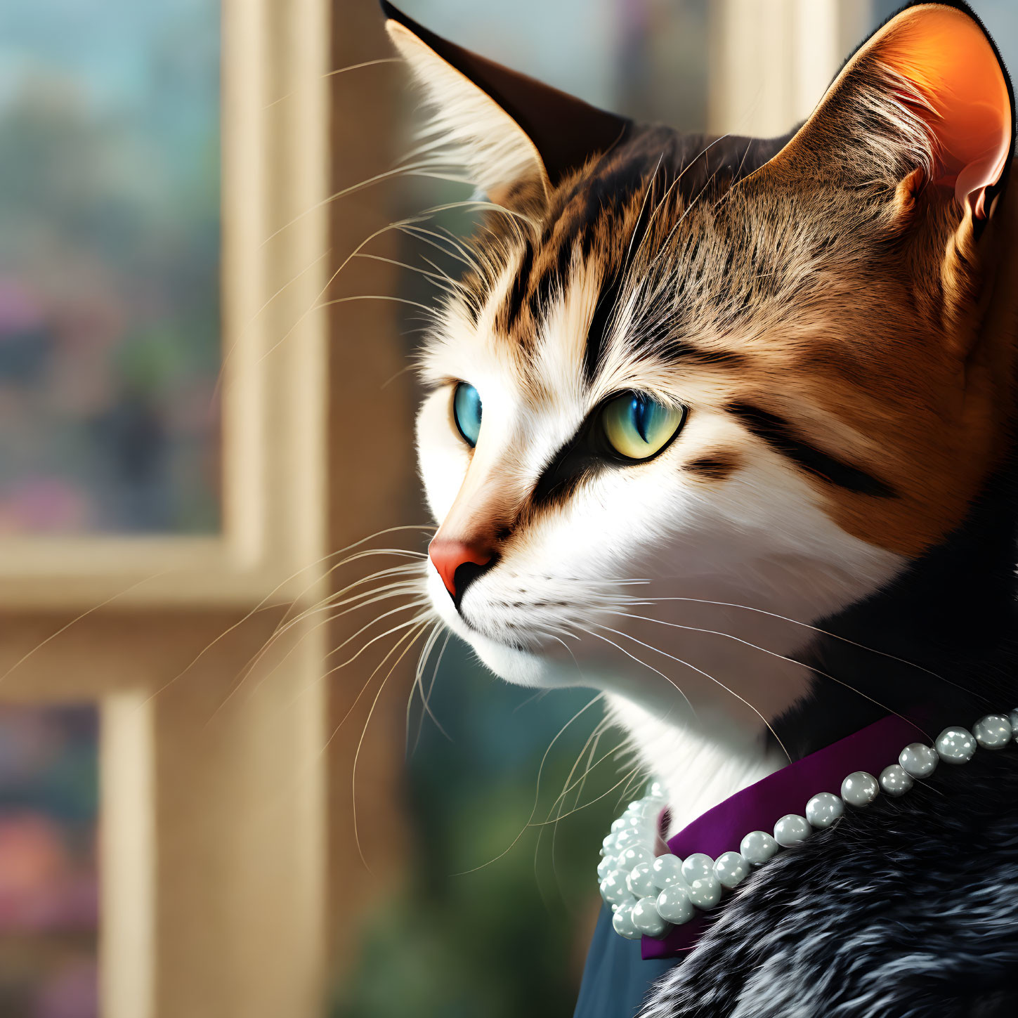 Domestic Cat with Green Eyes and Pearl Necklace Looking out Window