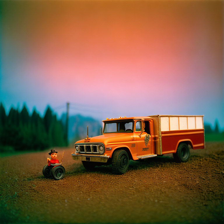 Toy firetruck and figure on tricycle against sunset backdrop