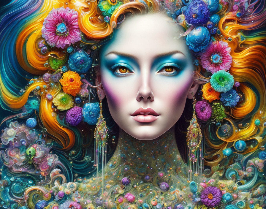 Colorful Woman's Face Artwork with Floral Hair and Blue Eyes