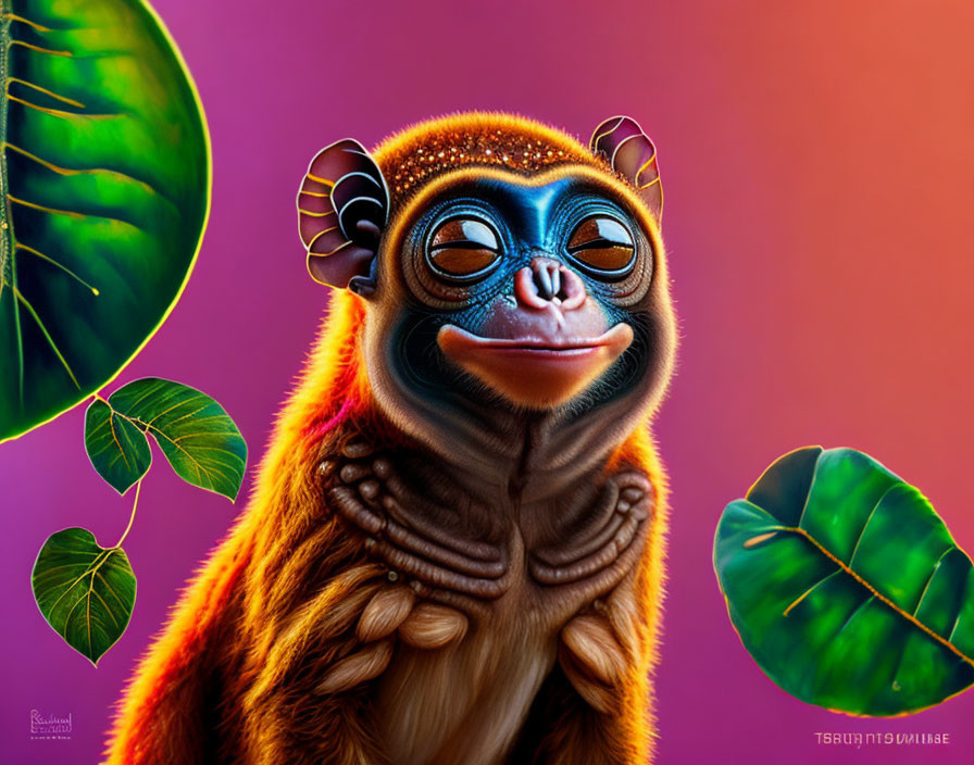 Whimsical anthropomorphic monkey creature in vibrant digital art