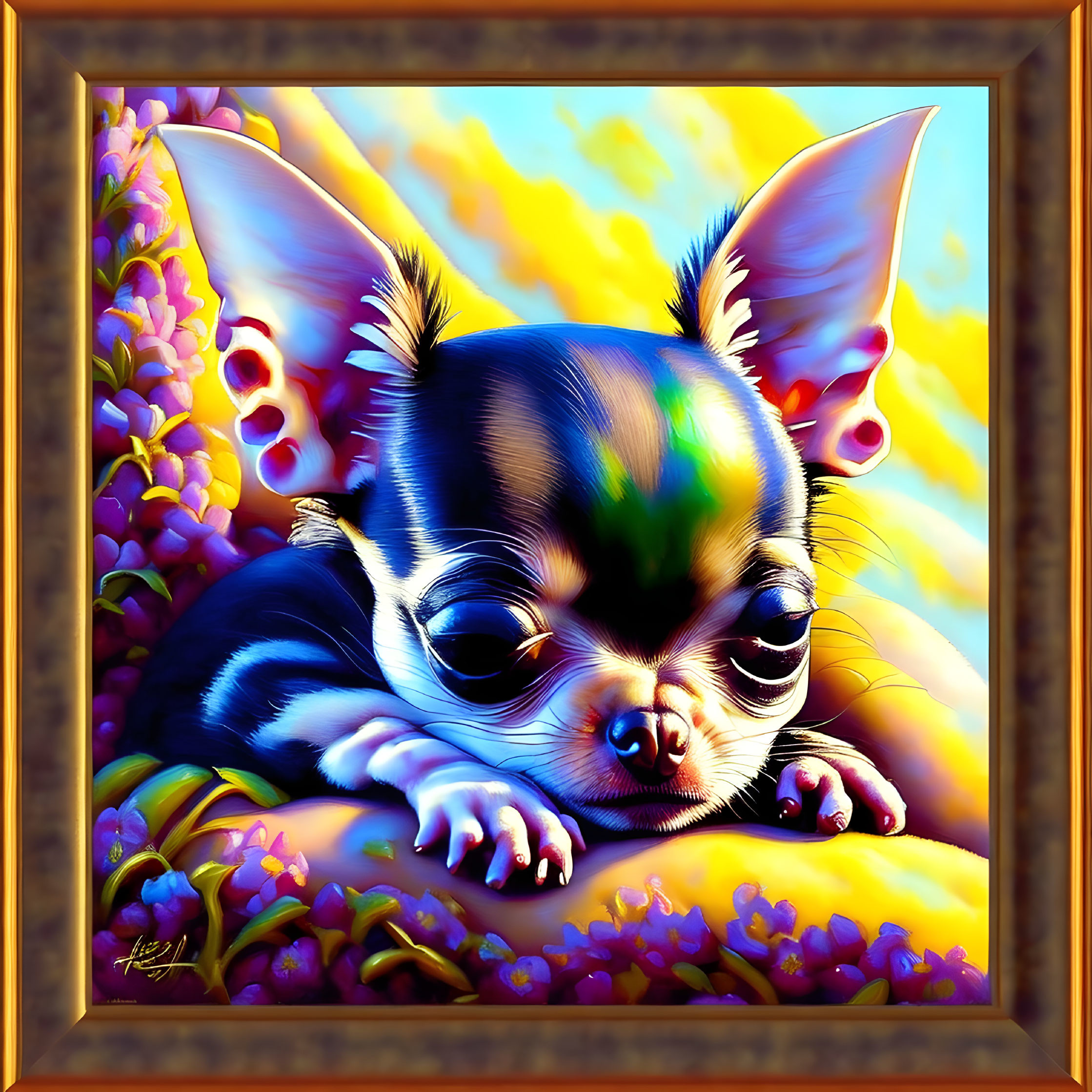 Colorful Chihuahua surrounded by flowers under yellow sky