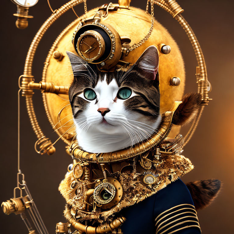 Steampunk-themed cat with brass helmet and goggles in gear-filled setting