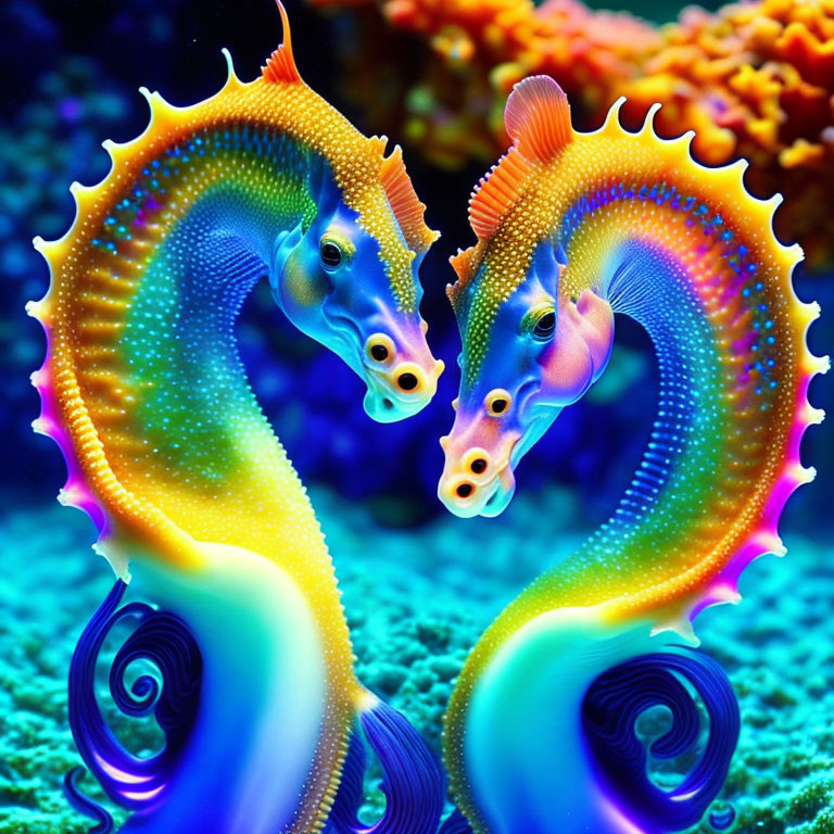 Colorful Digital Seahorses Mirrored on Coral Background