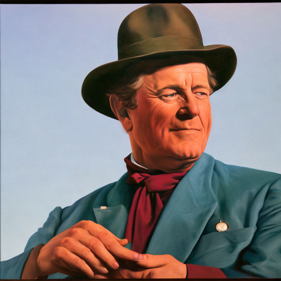 Portrait of a man in teal jacket and hat with red neckerchief, hands crossed, smiling.