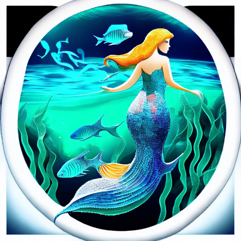 Colorful Mermaid Illustration with Orange Hair and Blue Tail Swimming Among Fish and Sea Plants in Circular