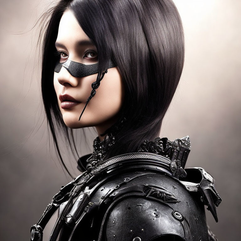 Dark-haired woman in futuristic armor and eye mask gazes intensely.