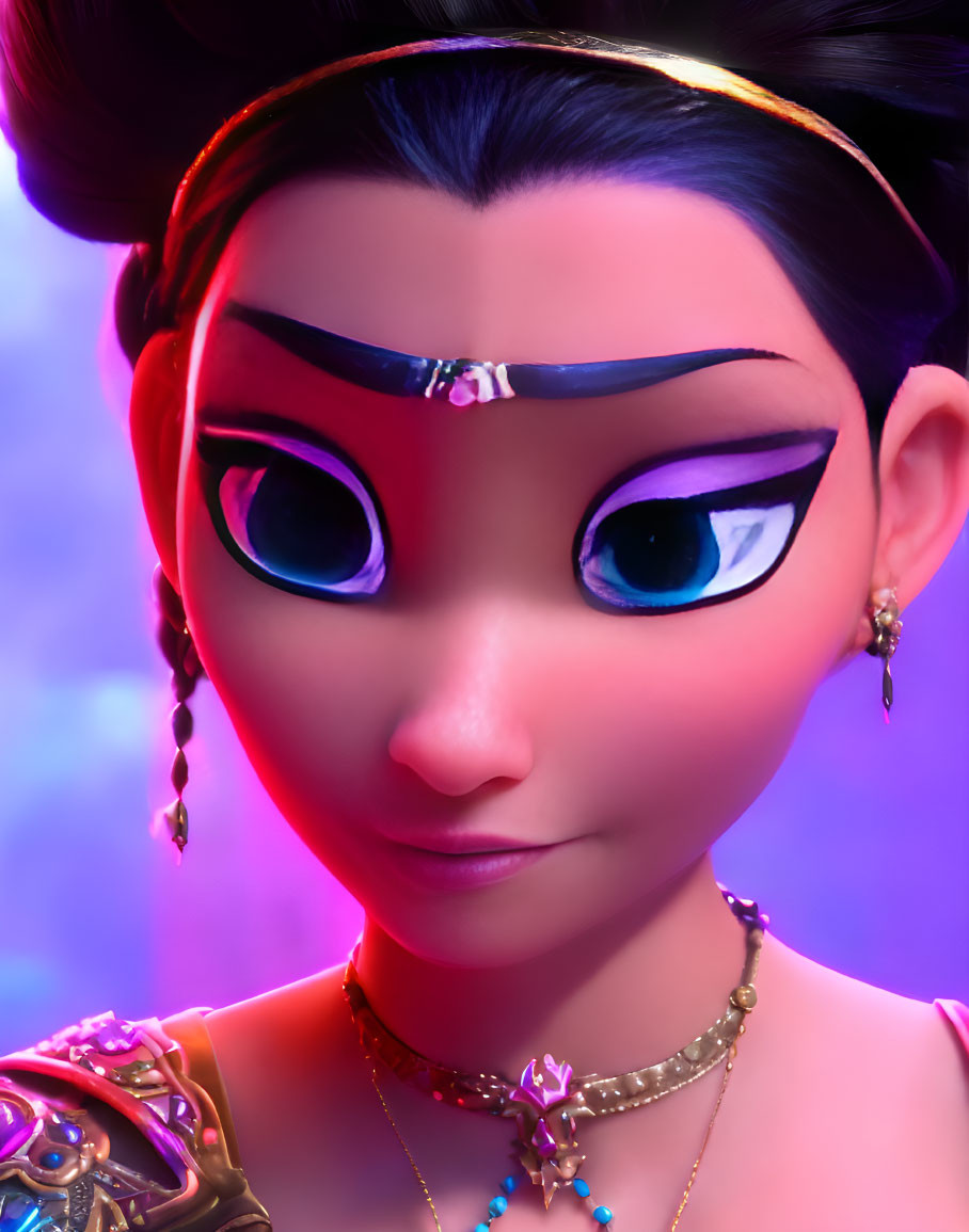 Detailed 3D-animated female character with large eyes and gold jewelry on purple backdrop