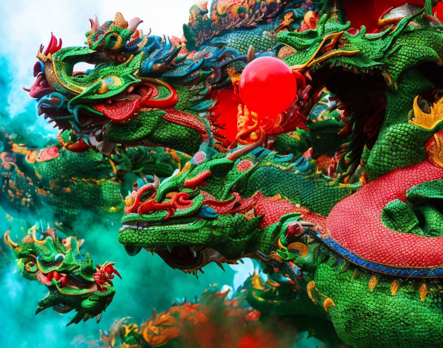 Colorful Chinese Dragon Sculpture Twisting Around Red Sphere