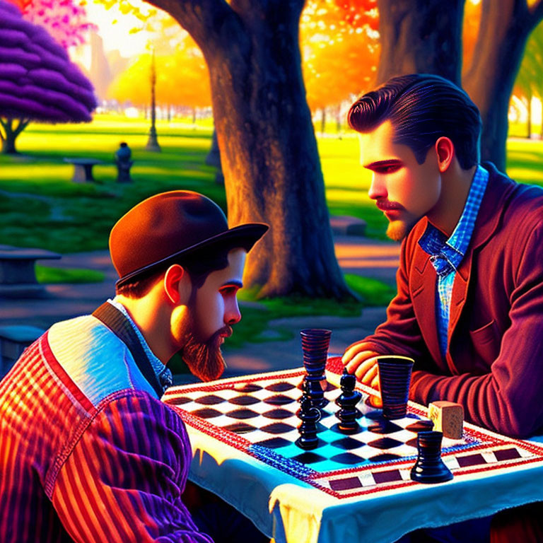 Vibrant park scene: Two stylized men playing chess in colorful setting