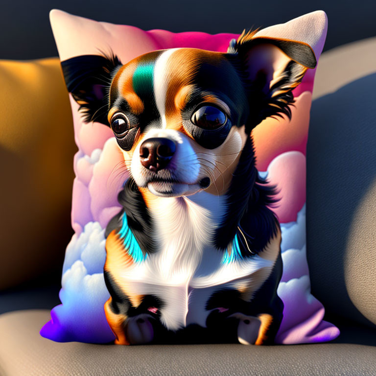 Colorful Winged Chihuahua on Cushion with Soft Lighting
