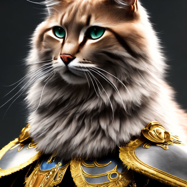 Long-Haired Cat in Golden Military Jacket with Green Eyes