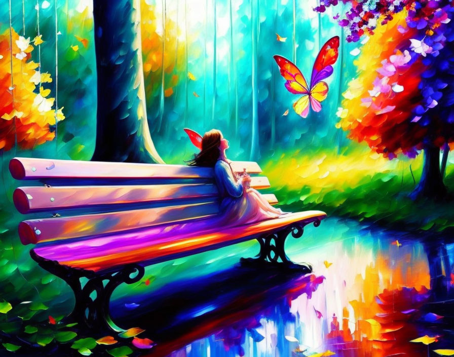 Person sitting on vibrant park bench in surreal, colorful forest with large butterfly