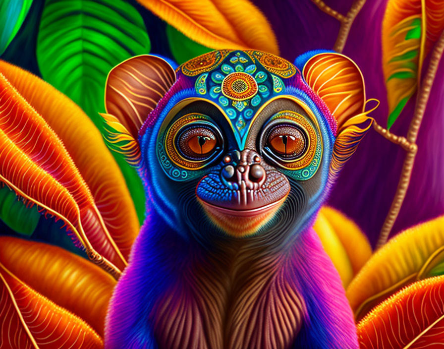 Colorful Monkey Illustration with Intricate Facial Patterns and Green Leaves