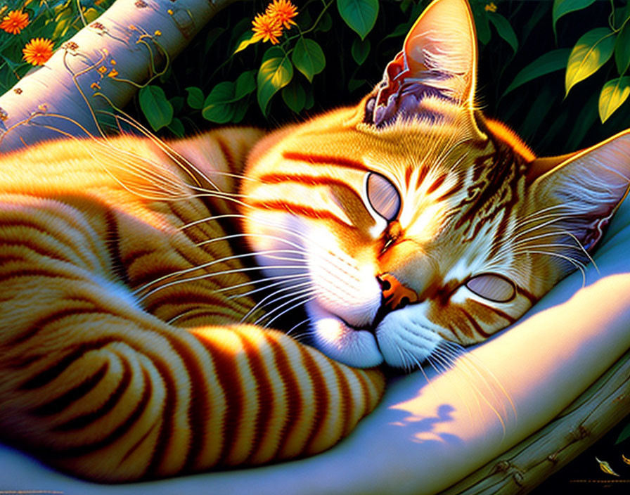 Orange Tabby Cat Sleeping on White Railing in Sunlight