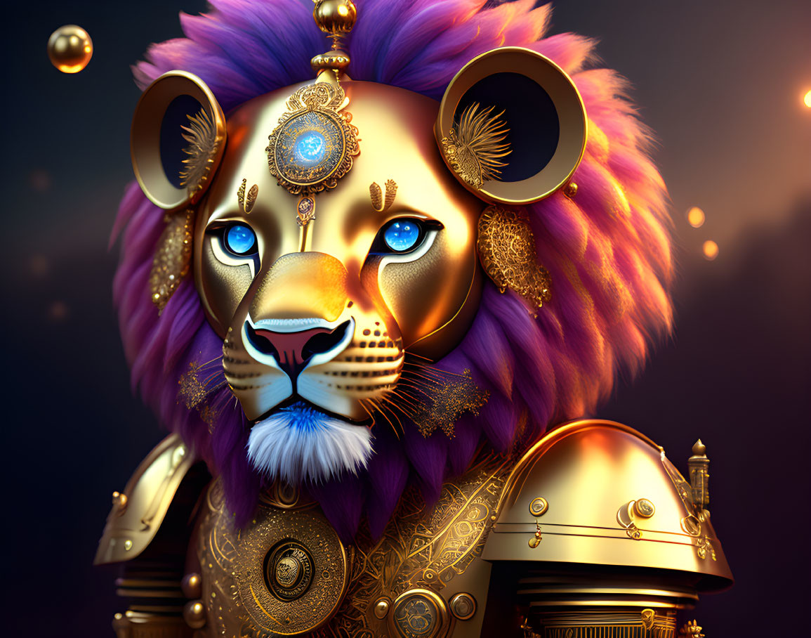 Steampunk-inspired lion digital artwork with gold details and orbs