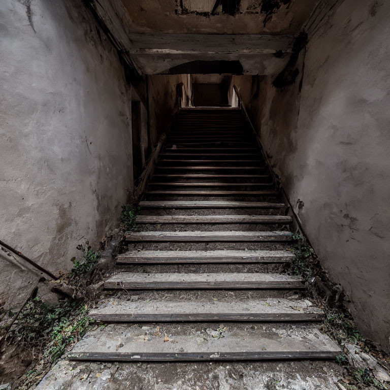 Decaying staircase in abandoned building with overgrown plants