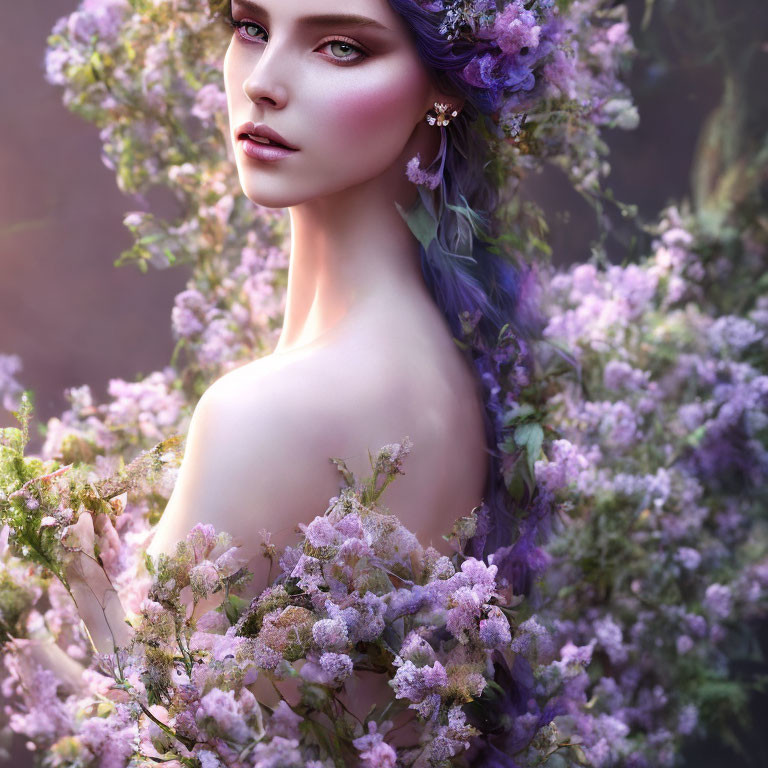 Portrait of a woman with blue eyes and purple flowers in hair