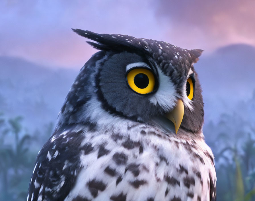 3D animated owl with yellow eyes and grey feathers in twilight forest