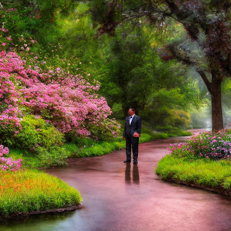 Person in suit surrounded by vibrant pink flowers and lush greenery on misty path