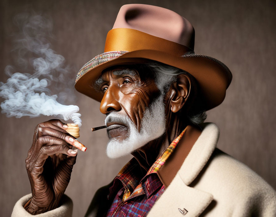 Elderly man with white beard in stylish hat and coat smoking pipe