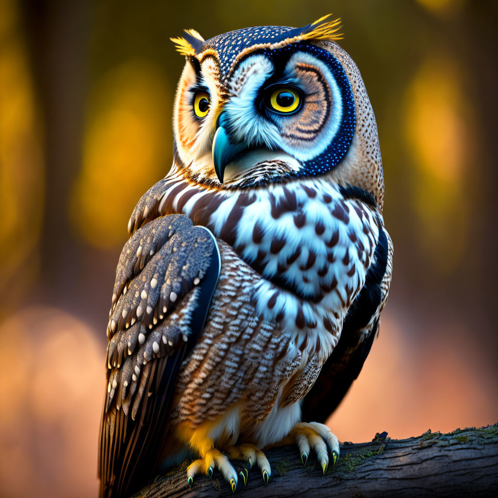 Close-up of a striped owl on a branch with vibrant feather patterns