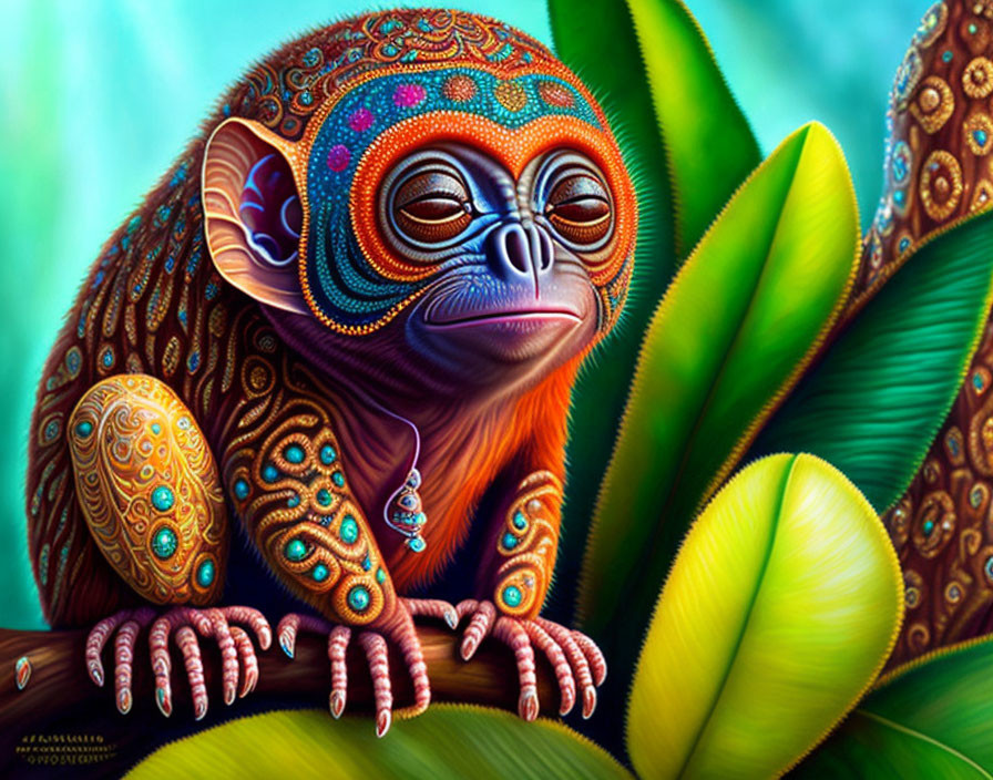 Colorful stylized painting of a tarsier in lush greenery