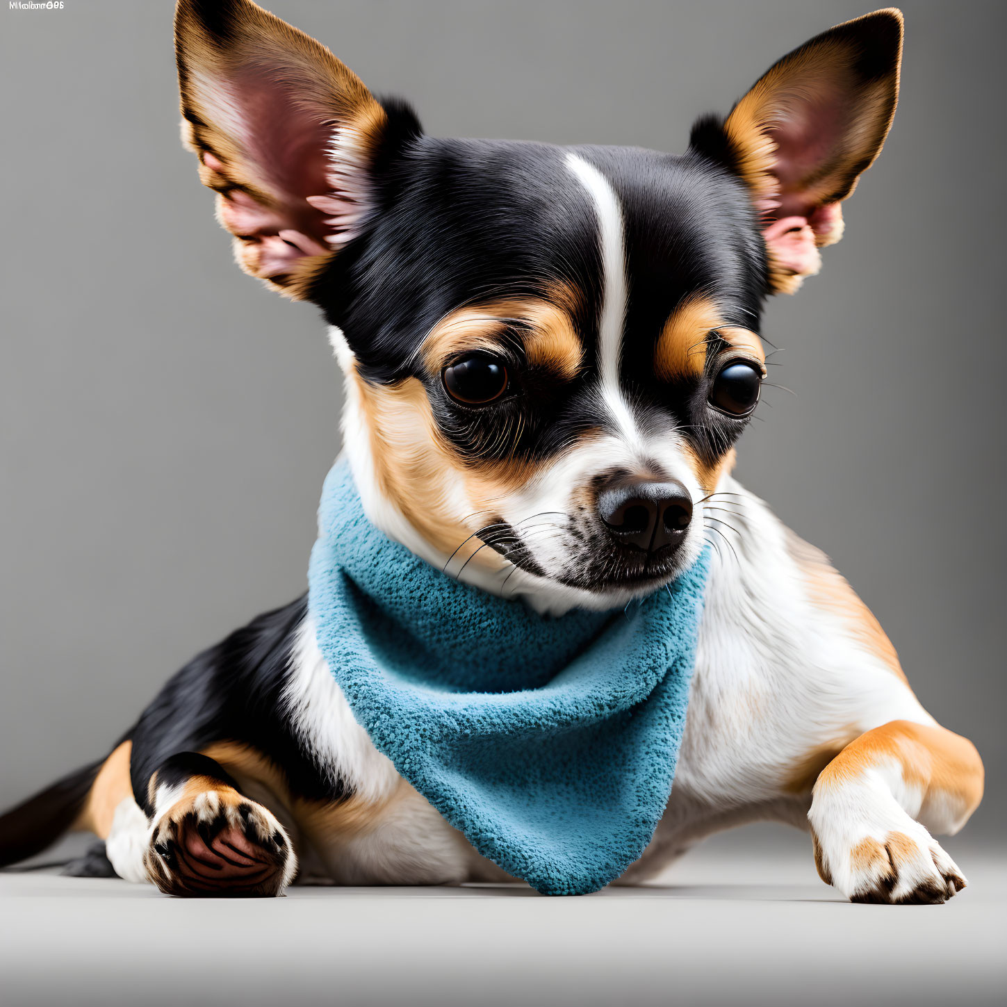 Small Chihuahua with Large Ears and Blue Scarf Resting and Curious