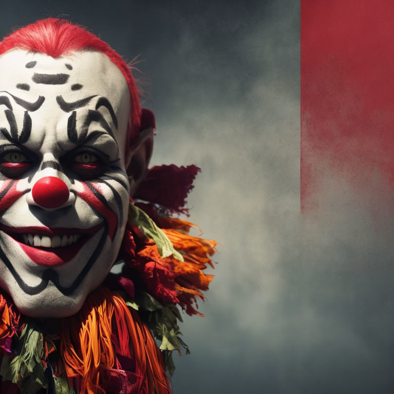 Clown makeup with white face, red nose, colorful costume in shadows