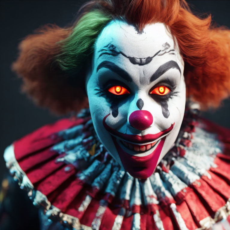 Character with bright clown makeup, red hair, ruffled collar, and sinister smile