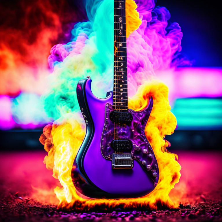 Colorful Blue and Orange Flames Surround Electric Guitar in Neon-lit Setting
