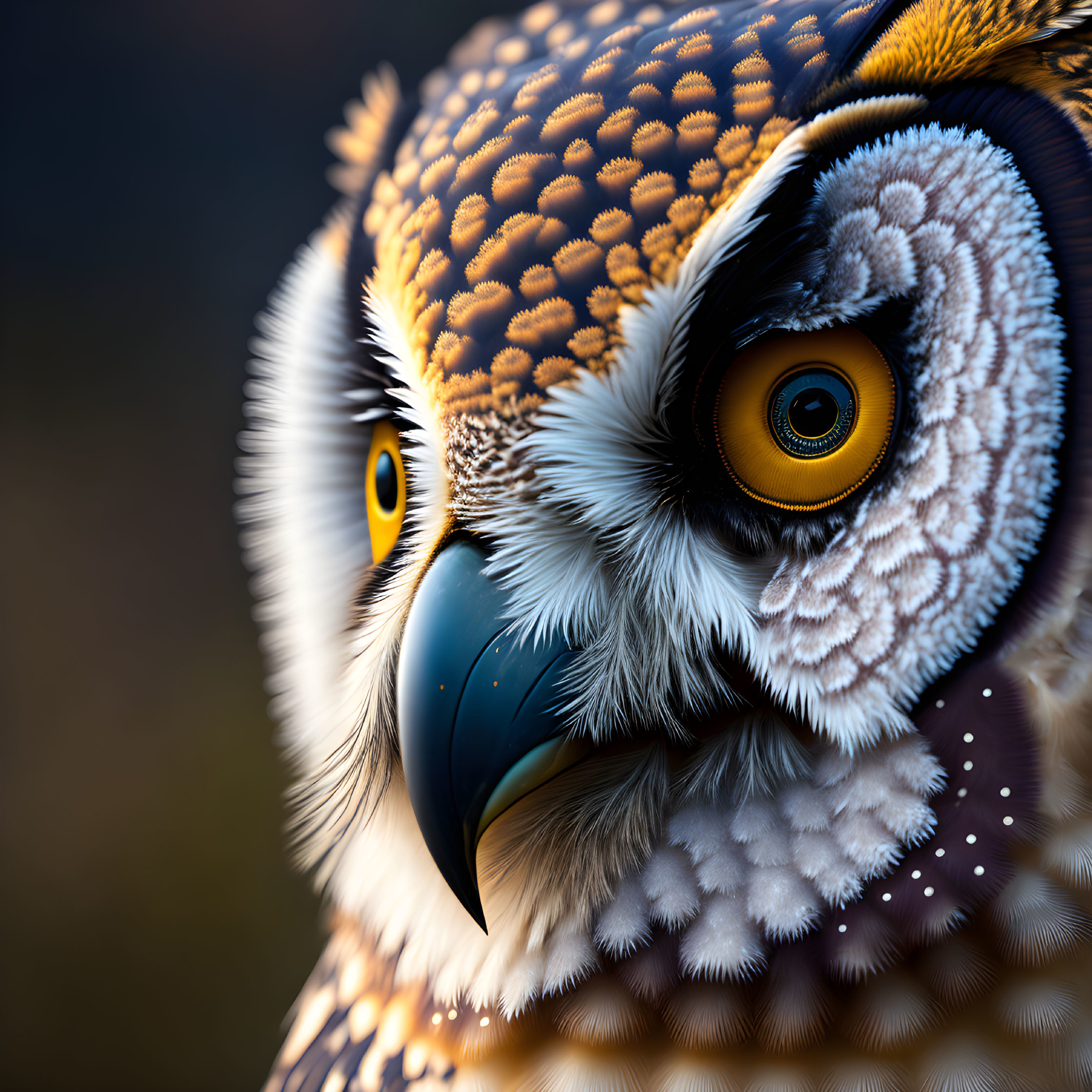 Detailed owl feathers and yellow eyes in close-up view