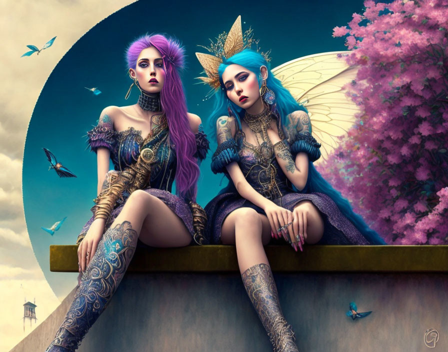 Fantasy women with vibrant hair, wings, crowns, and butterflies in whimsical setting