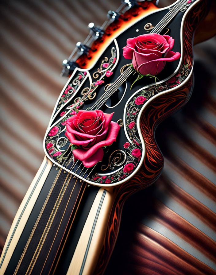 Intricate inlay designs on ornate guitar with red roses on body
