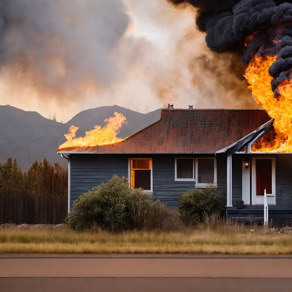 Burning house with black smoke in mountainous scenery