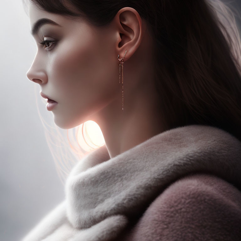 Woman in earring and cozy sweater in soft light profile.