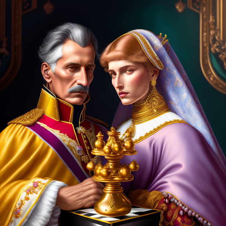 Regal man and woman in historical attire with chess piece