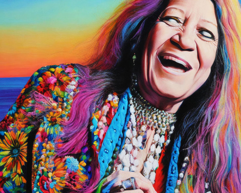 Vibrant painting of a laughing woman with long wavy hair and colorful beads against a sunset sky