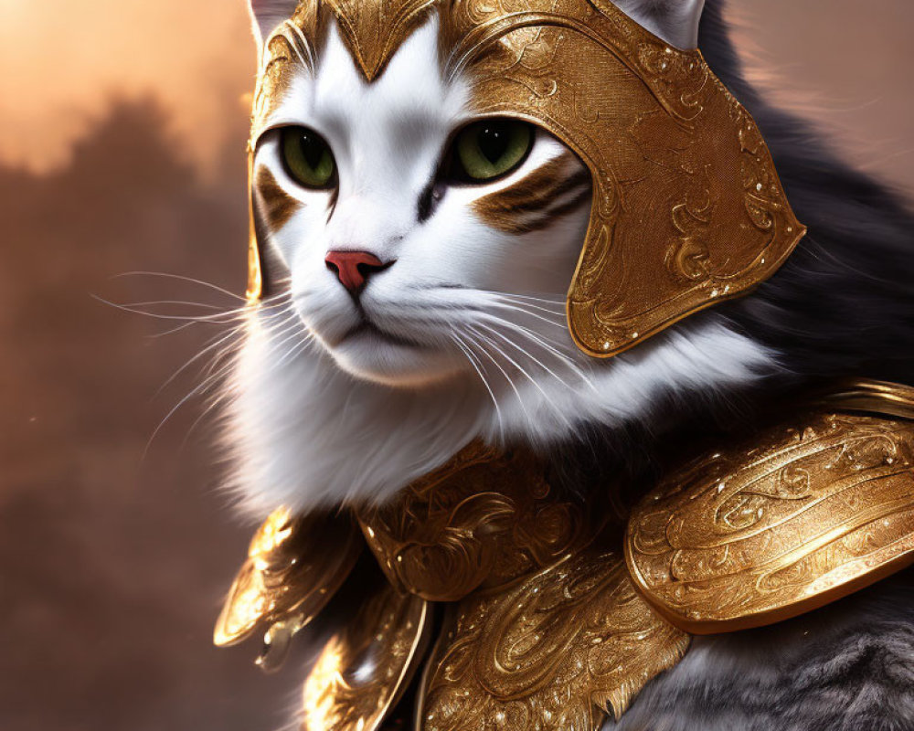 Majestic cat in golden armor against warm sunset background