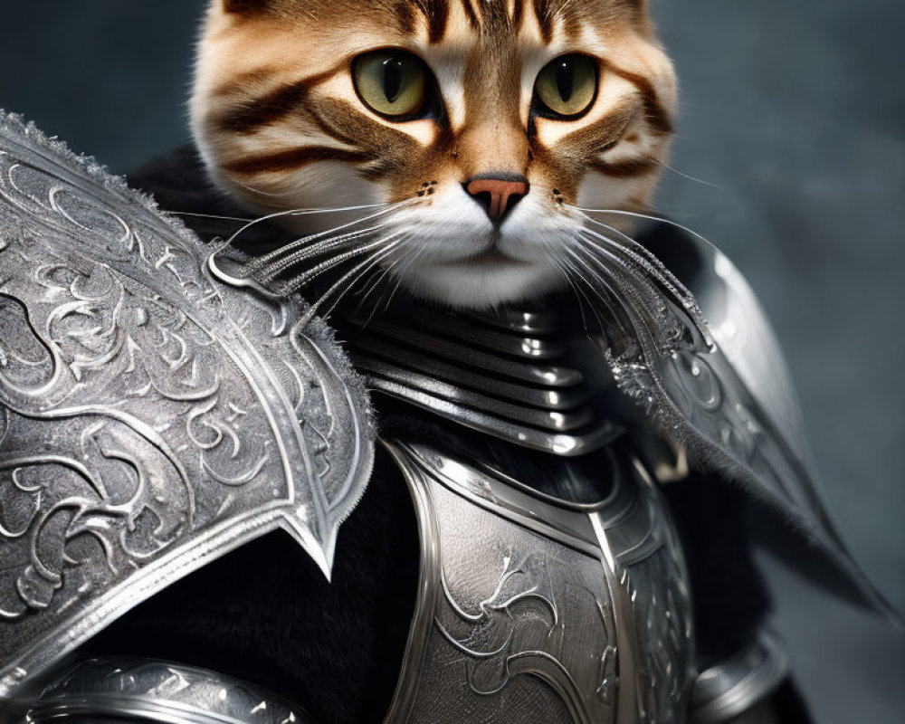 Yellow-eyed cat in medieval knight armor with intricate designs
