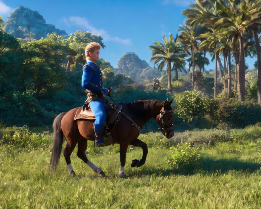 Digital artwork: Person in blue uniform on horse in lush tropical forest
