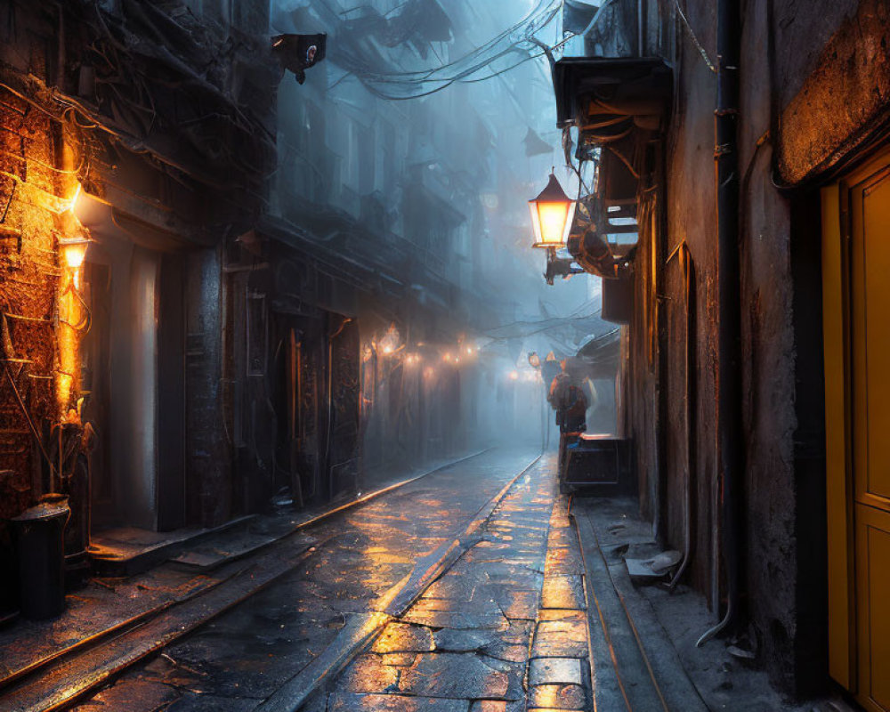 Dimly Lit Cobblestone Alley with Old Buildings and Street Lamps