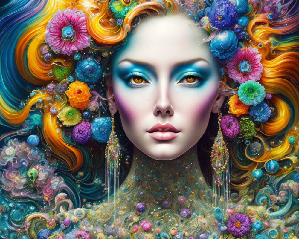 Colorful Woman's Face Artwork with Floral Hair and Blue Eyes
