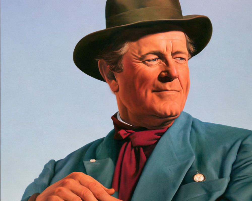 Portrait of a man in teal jacket and hat with red neckerchief, hands crossed, smiling.