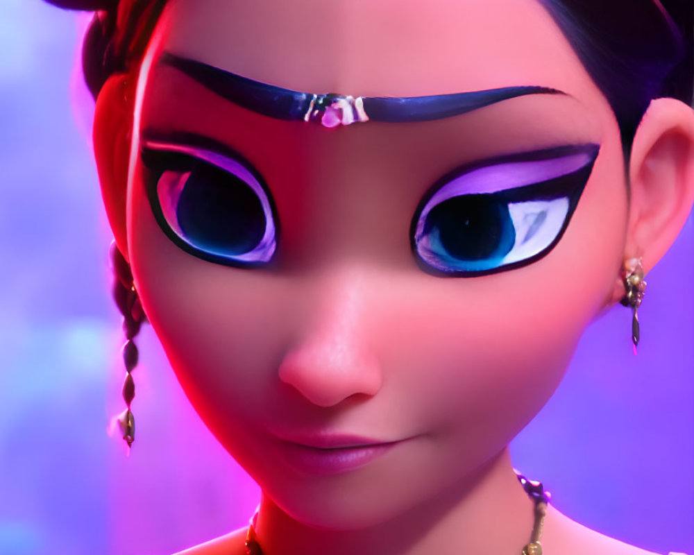 Detailed 3D-animated female character with large eyes and gold jewelry on purple backdrop