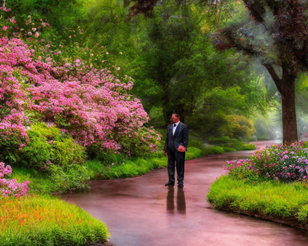 Person in suit surrounded by vibrant pink flowers and lush greenery on misty path