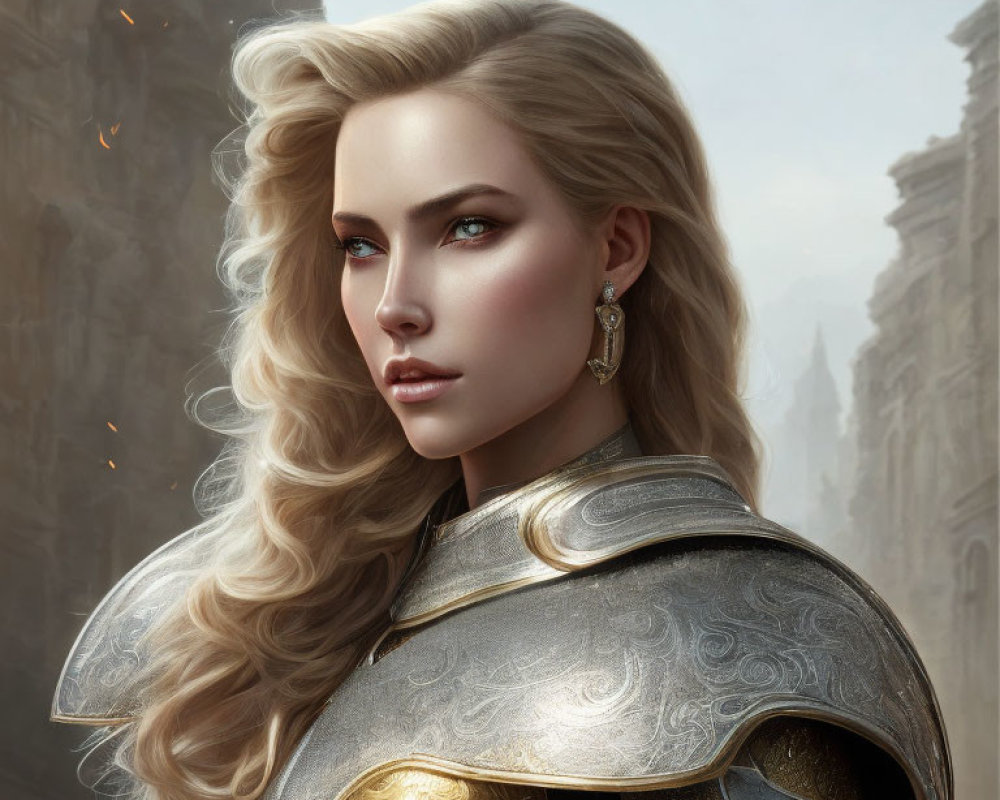 Blonde woman with wavy hair in golden shoulder armor against aged buildings.