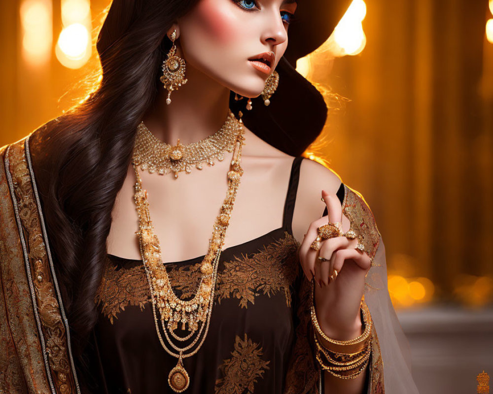 Elaborate Gold Jewelry on Woman in Black and Gold Outfit