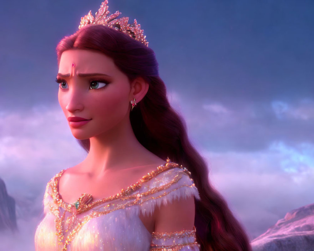Animated princess with long brown hair and tiara in dusk sky scene