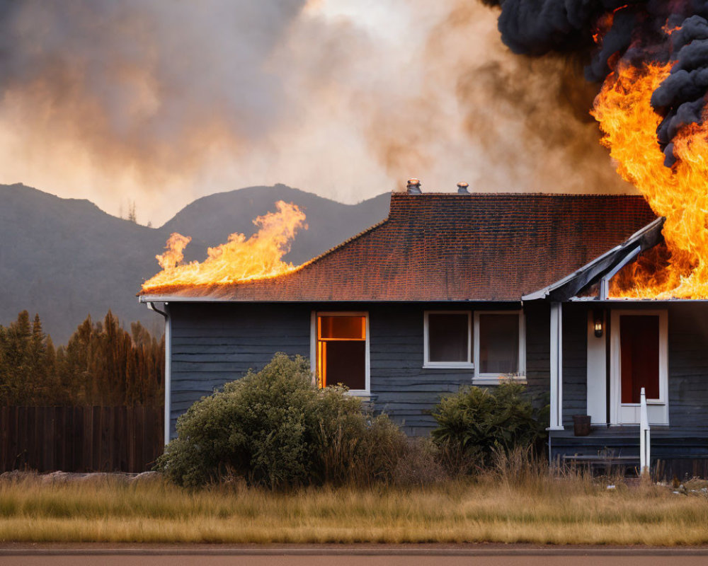 Burning house with black smoke in mountainous scenery