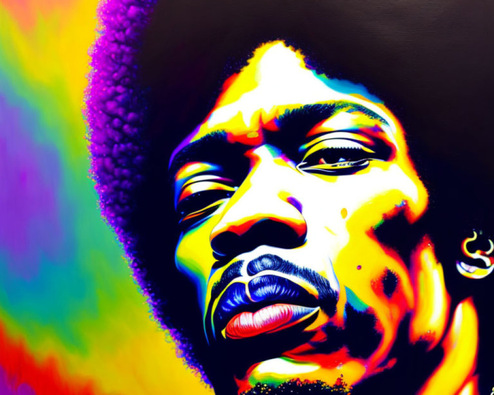 Vibrant neon colors in psychedelic man with afro art
